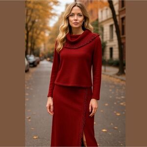 Nina Leonard Deep Red Knit Sweater and skirt with frills small